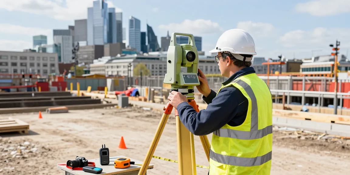 Topographical land surveys London featuring a surveyor using total station in urban landscape.