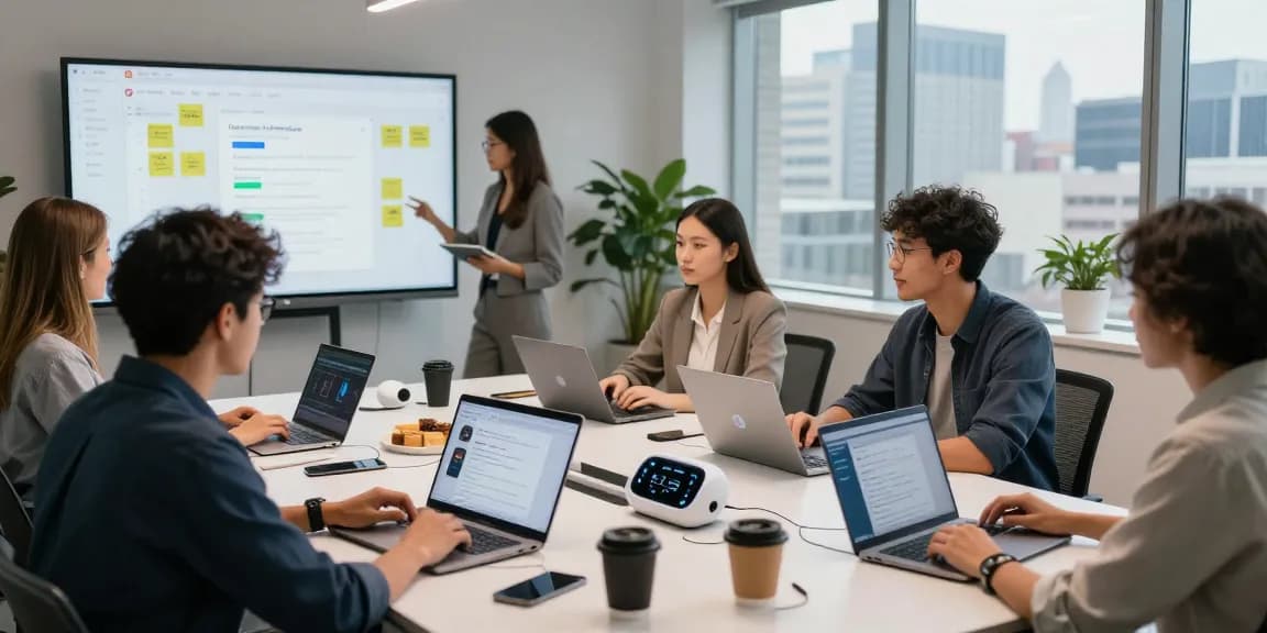 Developers collaborating on AI chatbot interfaces in a modern workspace.