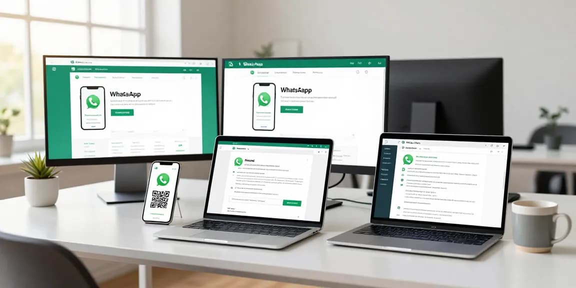 WhatsApp下載 on modern devices showing app features and QR code in a tech-focused workspace