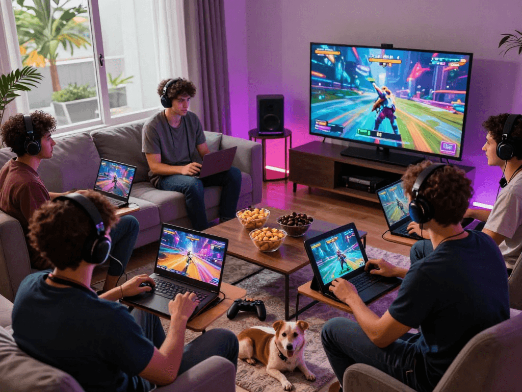 Group of adults playing popular porngames on various devices in a vibrant gaming room.