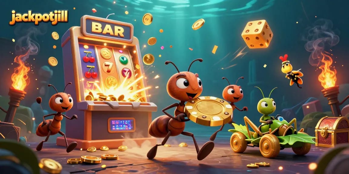 Witness jackpotjill’s ants stealing a massive poker chip in an energetic casino heist scene!