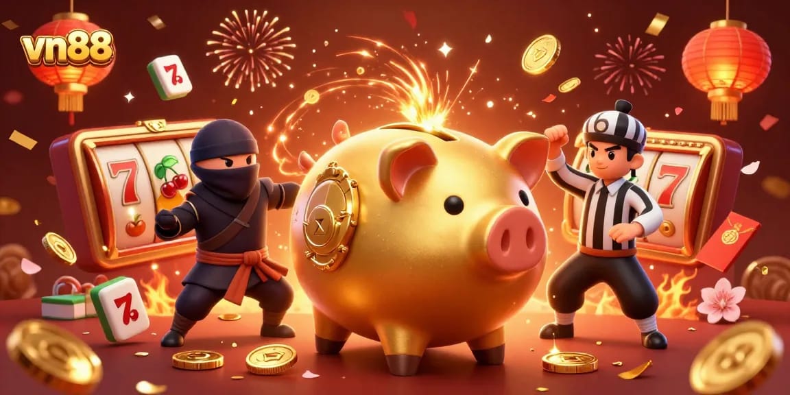 Experience the excitement of vn88 with dynamic casino action featuring golden piggy banks and slot reels.