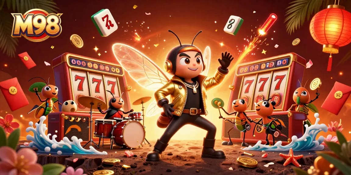 M98 online casino experience with a vibrant scene of a rock star cicada and casino elements.