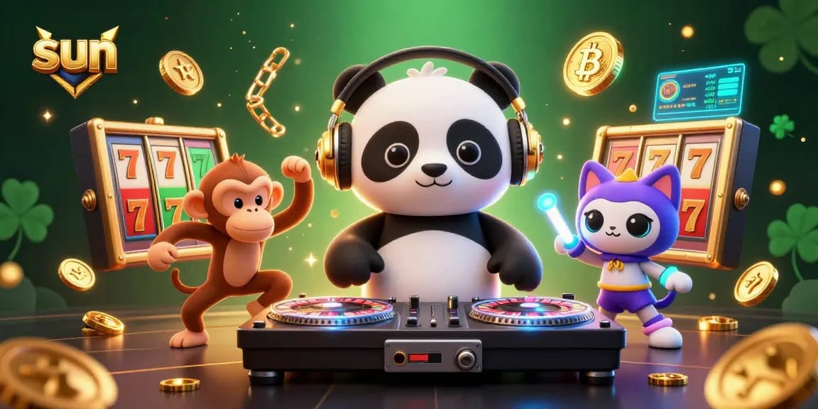 Spin to win with sun-themed slots in this vibrant 3D casino scene featuring animated characters.