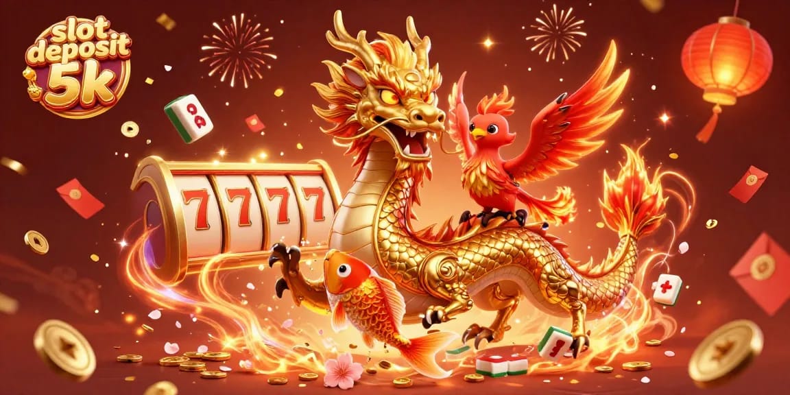 Engage with the thrilling world of slot deposit 5k featuring dynamic 3D dragon, phoenix and koi in a vibrant casino scene