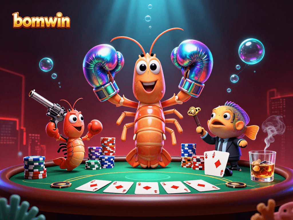 Engage in thrilling poker at bomwin with a dynamic scene of vibrant sea creatures and casino elements.