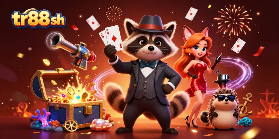 Experience gaming excitement with tr88 sh as a raccoon holds a royal flush with friends.