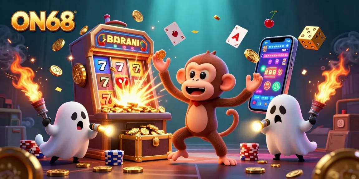 Engage with ON68's vibrant casino scene featuring a playful poltergeist monkey and adventurous puppy in a dynamic 3D illustration.
