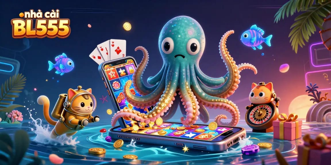 Play thrilling games at nhà cái BL555, featuring a colossal kraken, a diving cat, and casino elements.