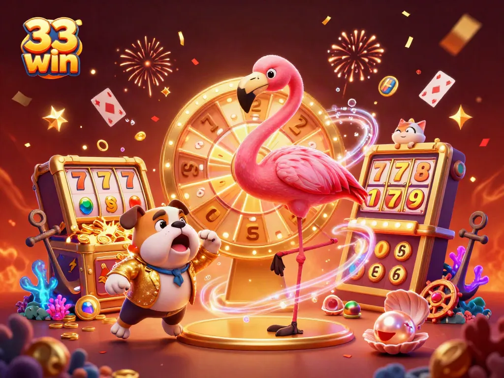 Engaging 33 win scene, cartoon characters in a vibrant casino setting with slot reels.