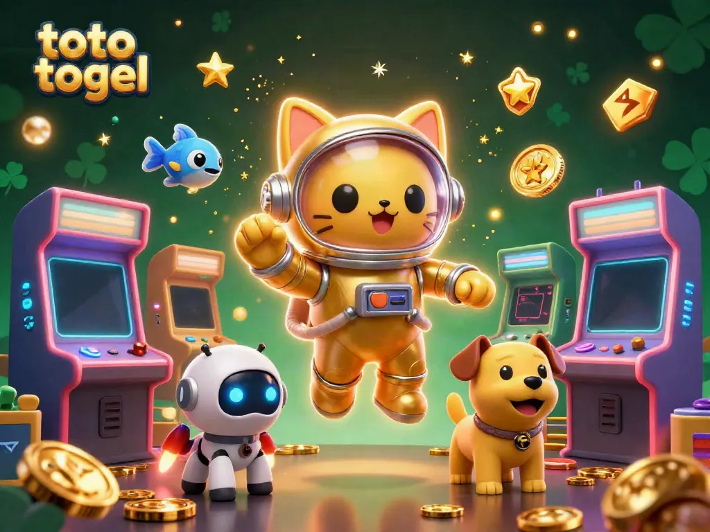 Engage in toto togel gaming with a vibrant scene featuring a golden suited cat and a robot dog.