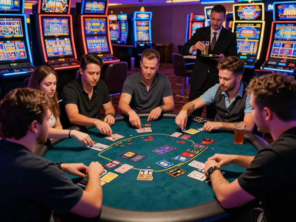 Players enjoying thrilling card games at casinos that take credit cards, with vibrant lights and a festive atmosphere.