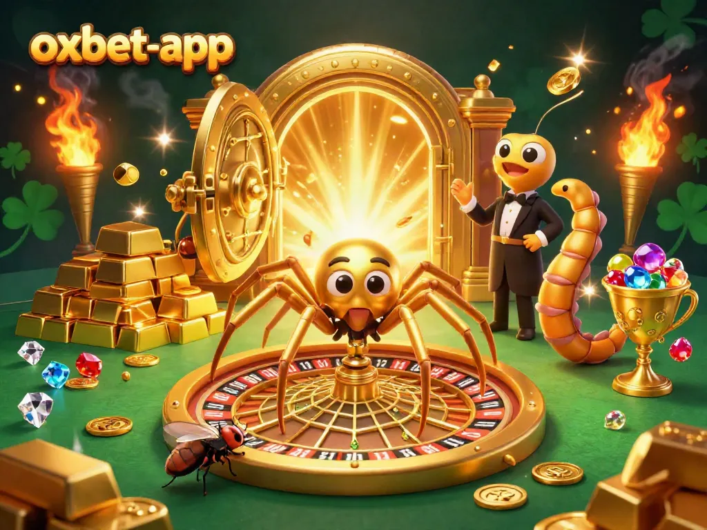 Engage with exciting games at oxbet-app with a golden spider spinning a roulette web.