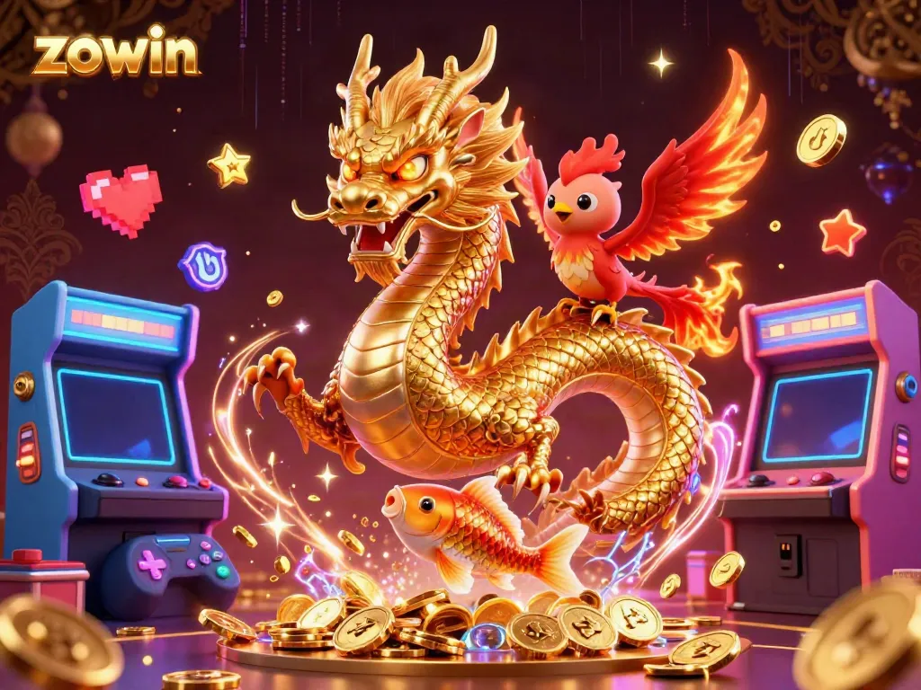 Experience the thrill of zowin with a vibrant illustration featuring a golden dragon and phoenix amidst casino elements.