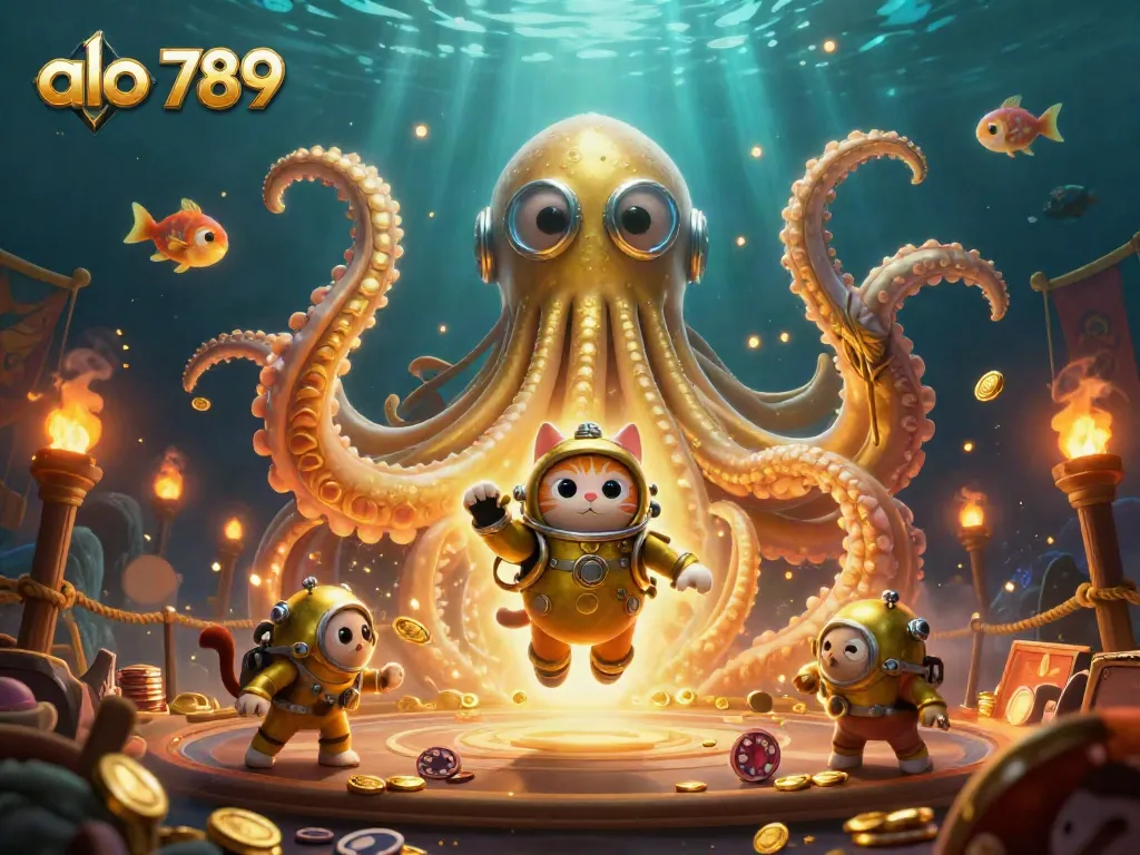 Engage with the thrilling world of alo 789 gambling through a vibrant illustration featuring a colossal kraken and diving cat.