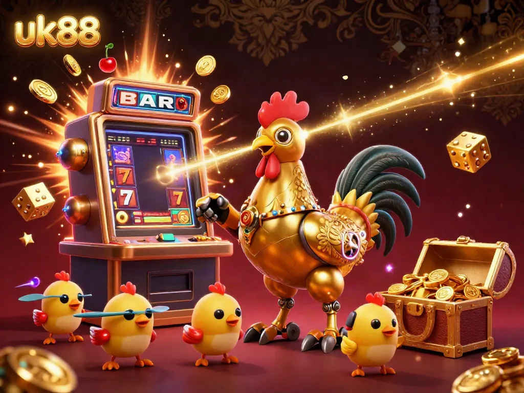 Experience the excitement of uk88 with an illustrated golden rooster robot and vibrant casino elements.