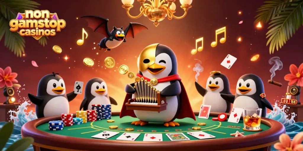 Engage with non gamstop casinos featuring a vibrant 3D scene of gaming excitement with cartoon characters.