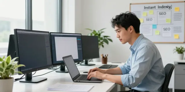 Instant indexing strategies illustrated in a modern digital marketing office.