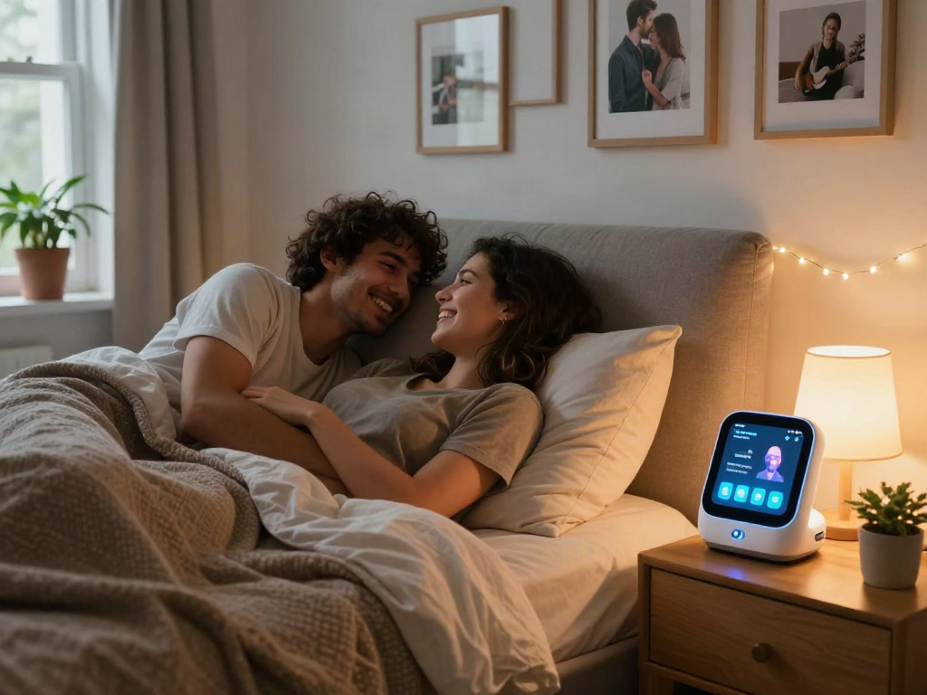 Couple enjoying ai sex technology in a cozy bedroom setting
