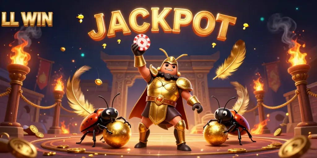 Engage with the LL WIN victory scene featuring a beetle champion lifting a poker chip amidst golden gaming elements.