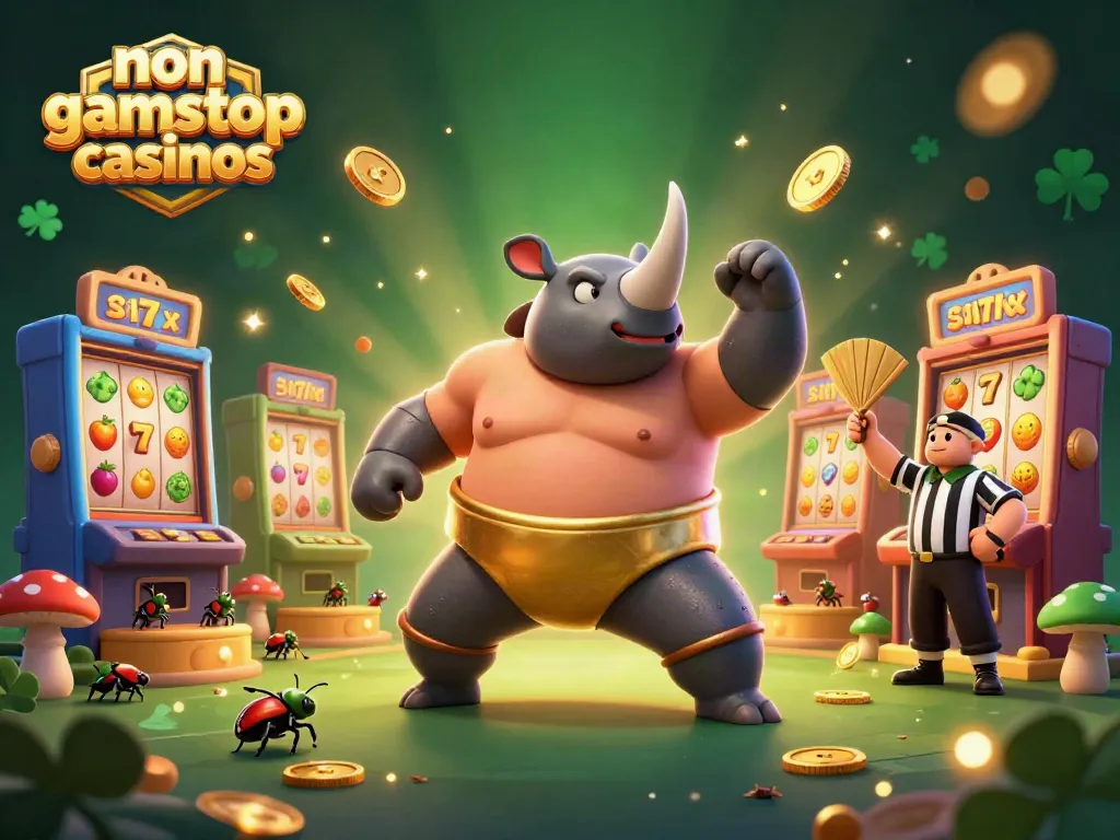 Experience non gamstop casinos with a vibrant, engaging scene featuring unique characters and slot machines.