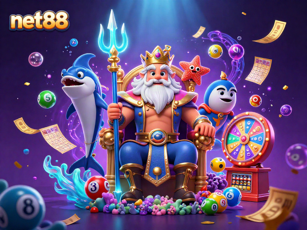 Engaging net88 casino scene featuring Neptune, vibrant casino elements, and dynamic lottery visuals.