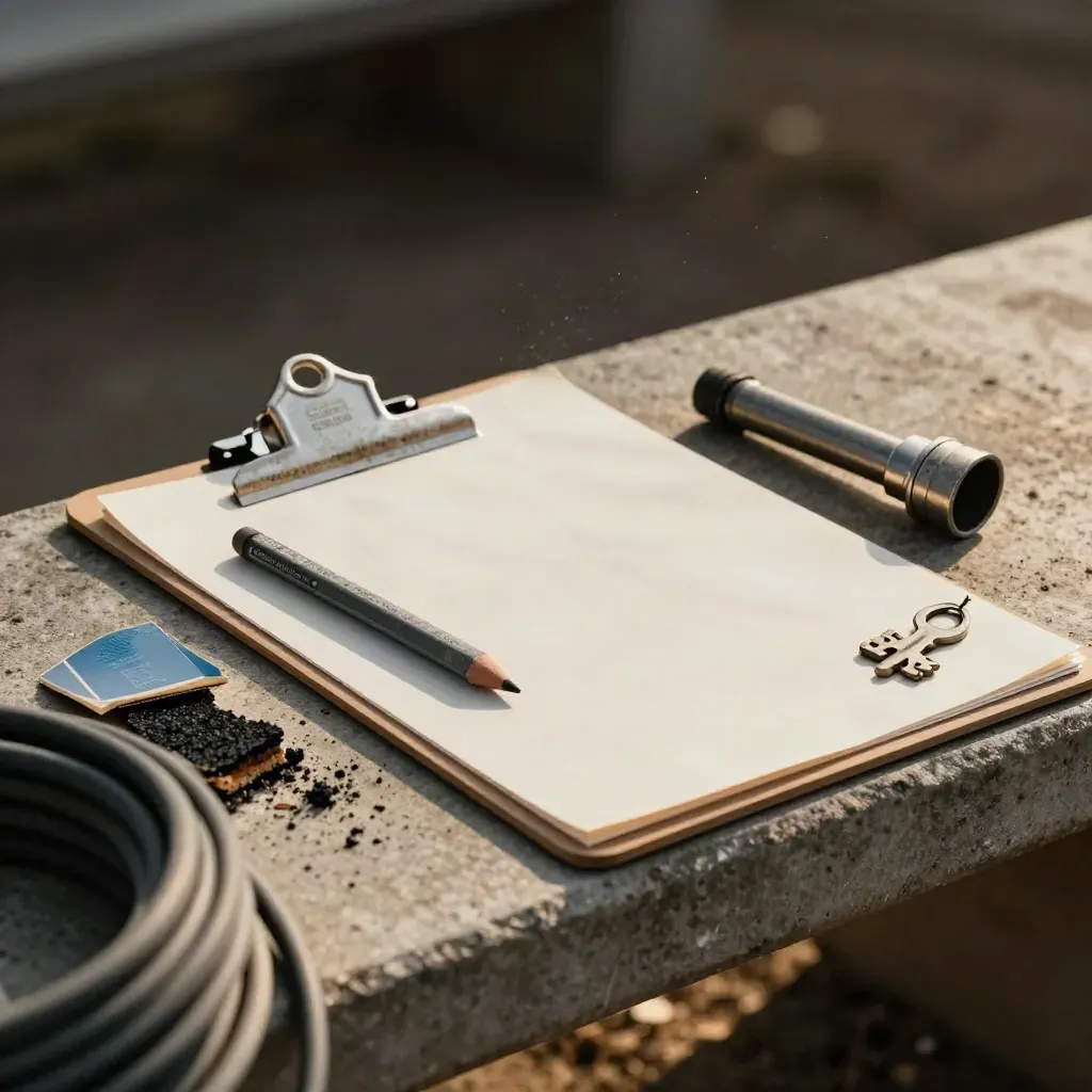 Highways kit with clipboard, marker, torch and road core sample on a dark concrete bench.