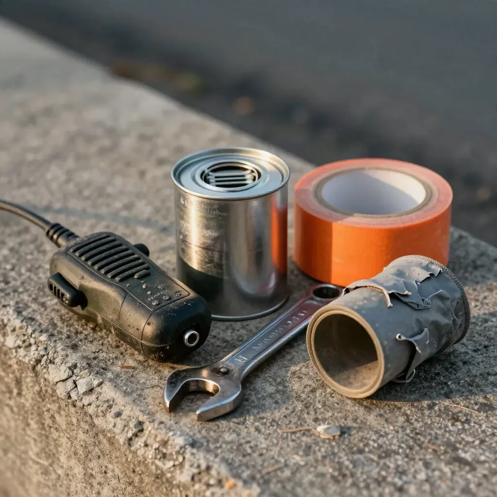 Macro still life of roadside repair kit with charger, spanner, tape roll and coupler.