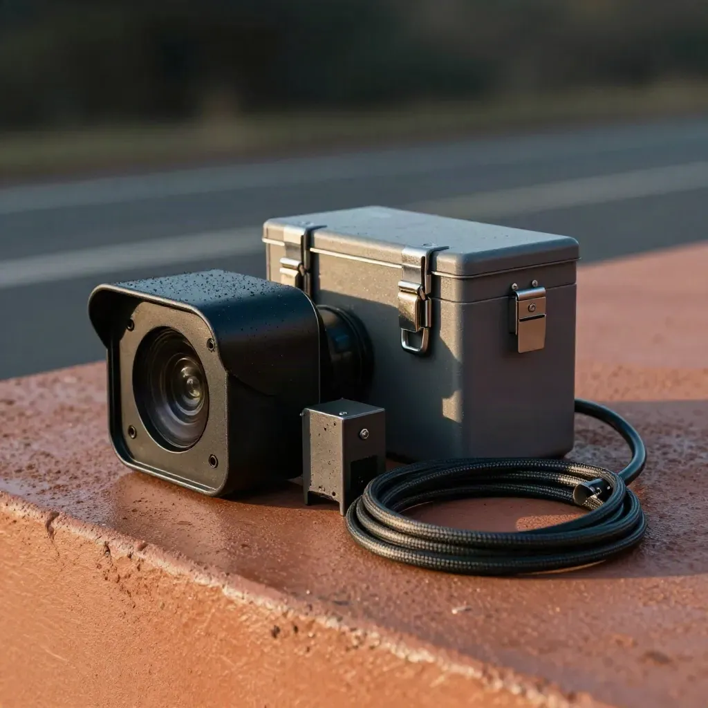 Roadside camera service kit with hood, sensor pod, junction box and cable on terracotta concrete.