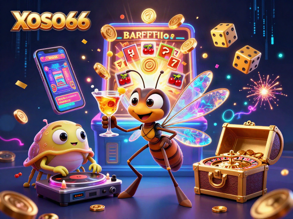 XOSO66 casino illustration featuring lively characters, exciting slot machines, and vibrant gaming elements.