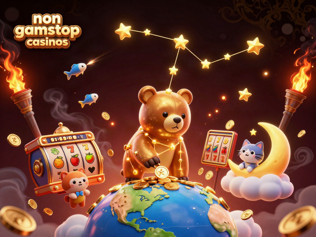 Engaging scene of non gamstop casinos with a constellation bear and gaming elements.