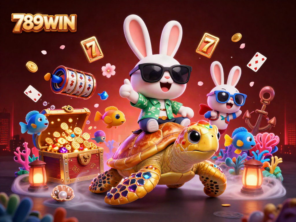 Join the fun and excitement of 789WIN casino games with a lucky rabbit and a golden turtle in a vibrant underwater scene.