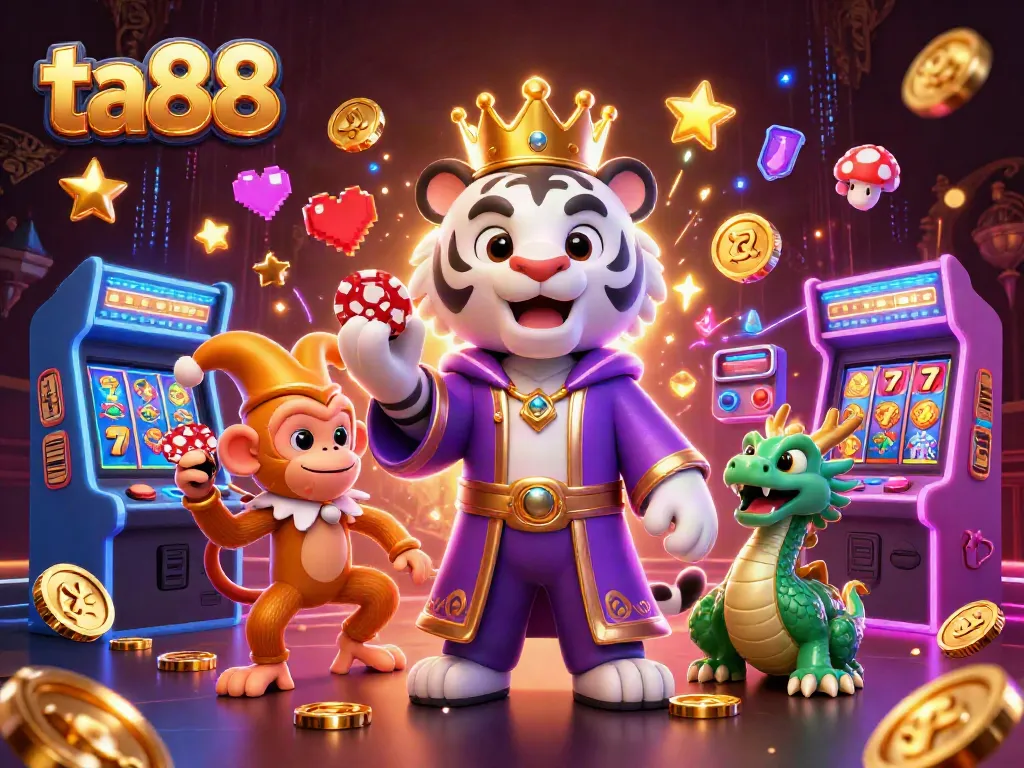 Playful ta88 scene with a white tiger, golden monkey, and lively jade dragon at a bustling casino