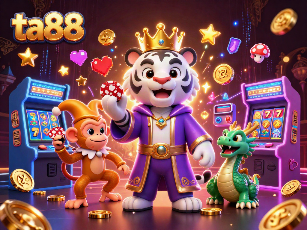Playful ta88 scene with a white tiger, golden monkey, and lively jade dragon at a bustling casino