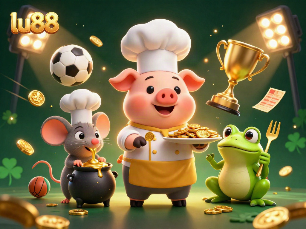 lu88 brings excitement with a vibrant casino scene featuring dynamic characters and sports elements.