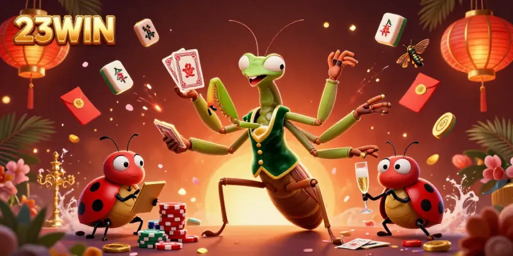 Experience the excitement of 23WIN with a vibrant casino illustration showcasing dynamic characters and game elements.