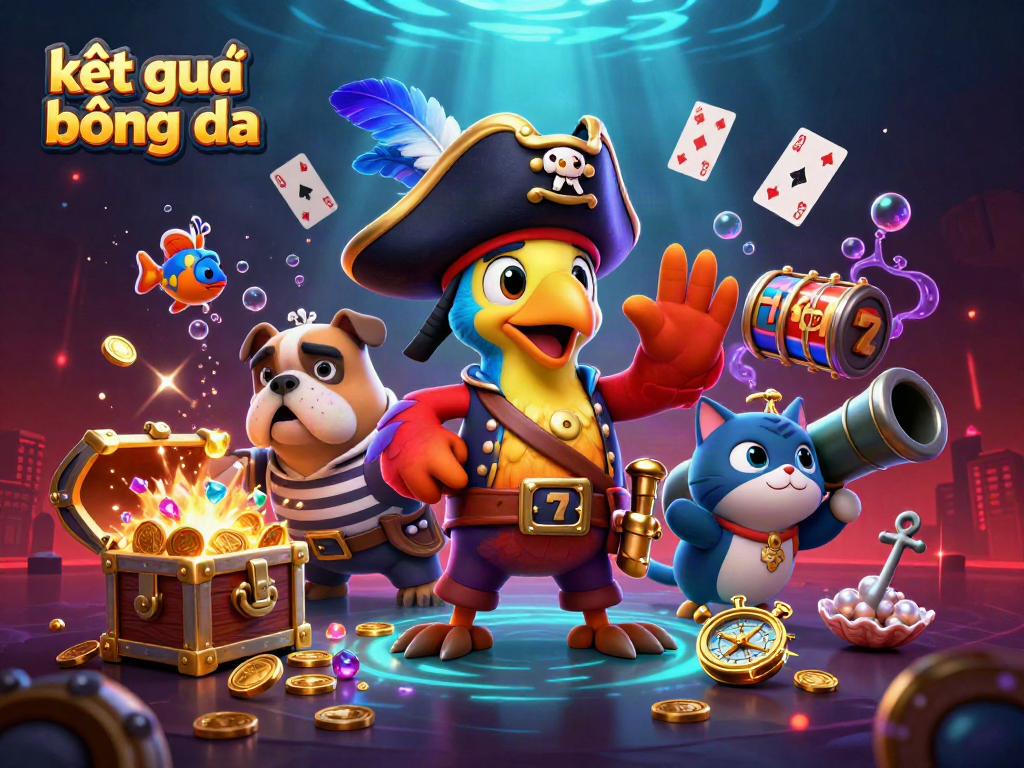 Experience kết quả bóng đá action with a vibrant pirate-themed casino illustration featuring slot reels and treasure.