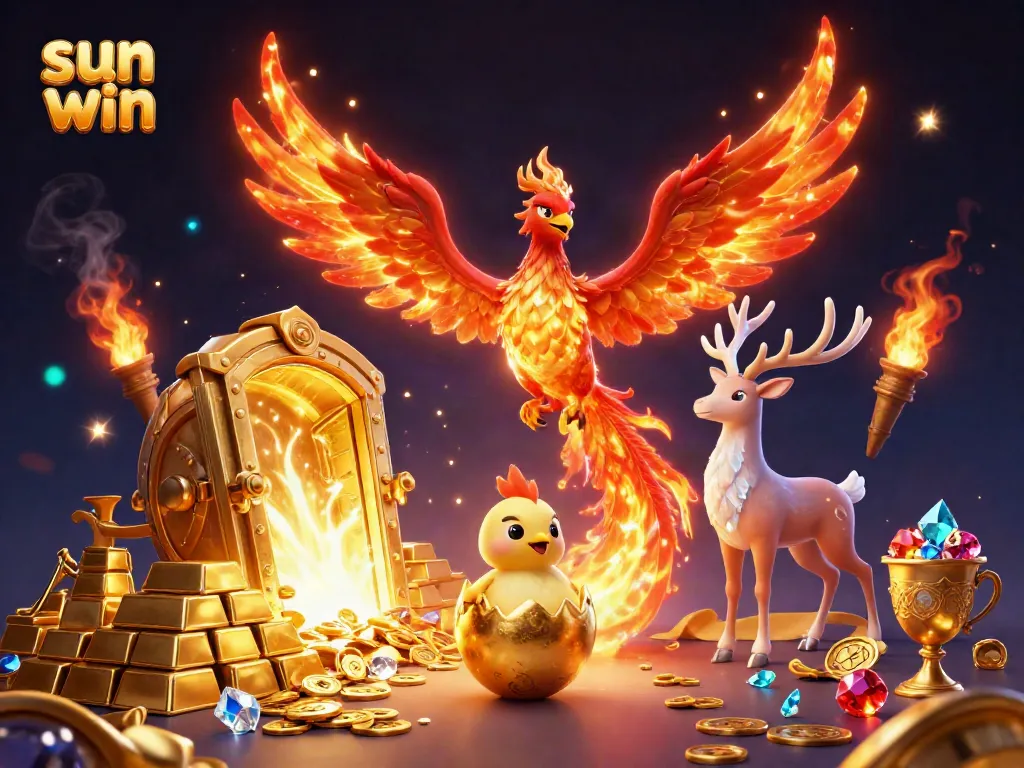 Experience thrilling wins at sun win with majestic phoenix characters soaring by piles of gold and gems.