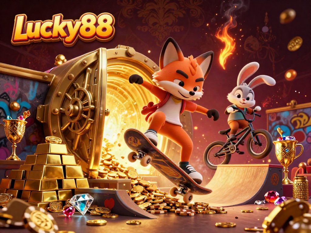 Experience the thrill of Lucky88 with dynamic casino-themed characters and elements in an ultra-detailed 3D illustration.