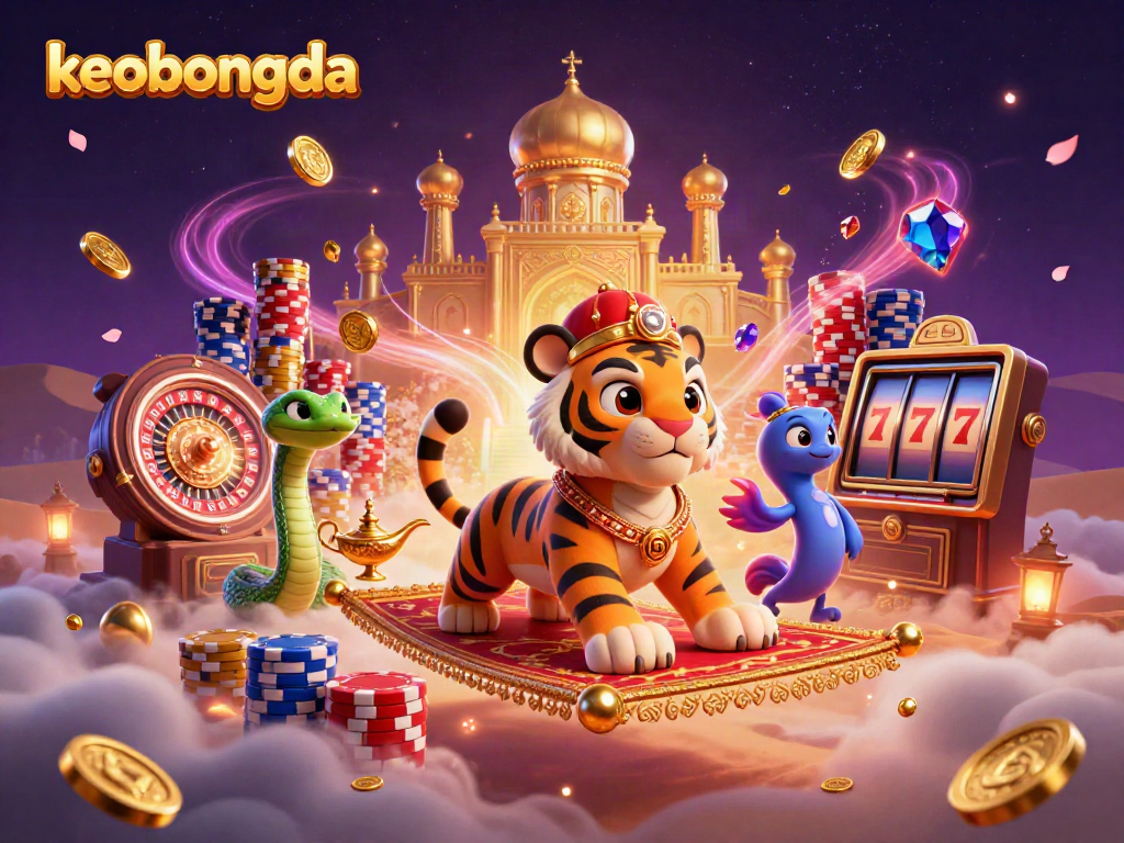Experience the magic of keobongda with a vibrant scene of a tiger sultan, symbols of luck, and a camel in a dazzling casino atmosphere.