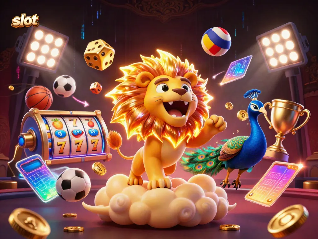 Spin the slot reels alongside a roaring sun lion in this vibrant casino scene.