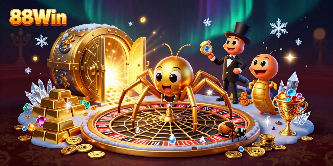 88Win players betting nervously in a vibrant casino scene with a golden roulette web.