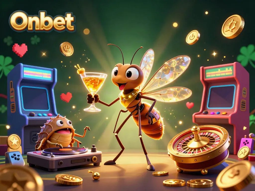 Engage in thrilling casino fun with Onbet featuring a lively 3D mosquito mascot and dynamic game elements.
