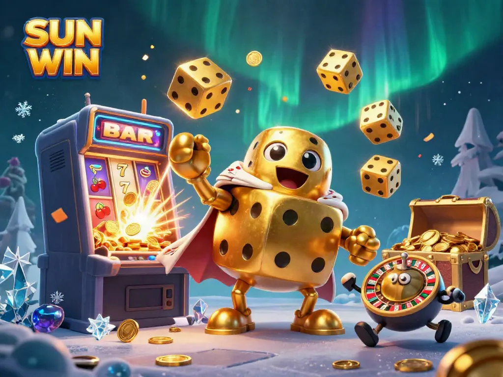 Experience the excitement of SUN WIN with a colorful illustration featuring a golden dice golem and bursting slot machine.