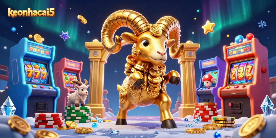 Engage in exhilarating gameplay with keonhacai5 featuring a golden ram charging at gaming machines and colorful slot elements.