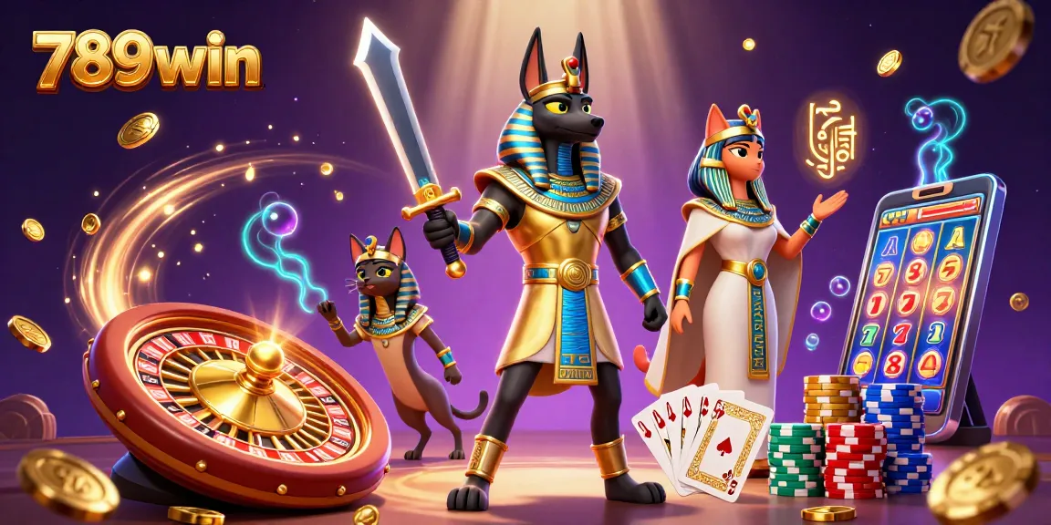 Engage with 789win featuring an ancient Egyptian warrior, casino elements, and dynamic game action.