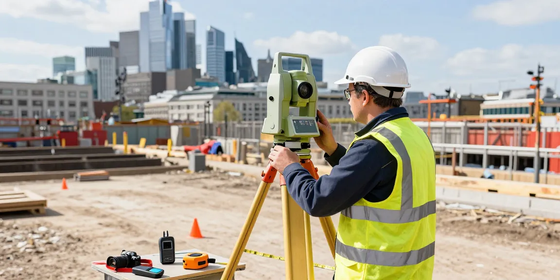 Topographical land surveys London featuring a surveyor using total station in urban landscape.