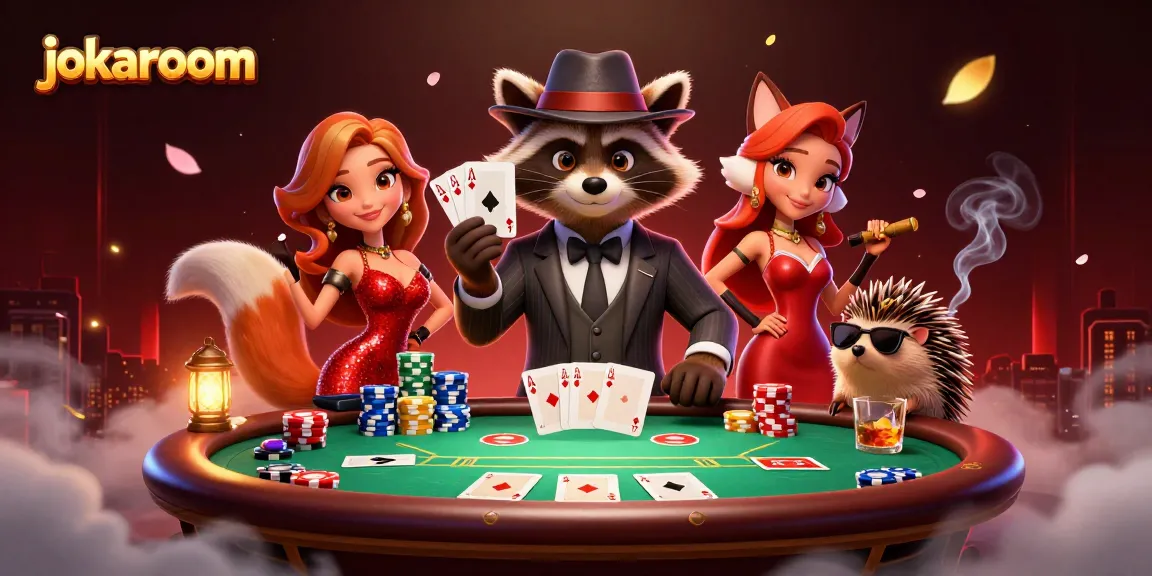 Experience the excitement of jokaroom as a suave raccoon plays poker with friends at a vibrant table.
