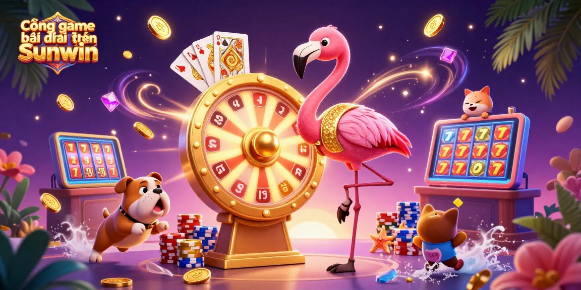 Cổng game bài đổi thưởng Sunwin showcases a vibrant casino scene with a flamingo game show host and a bulldog contestant.