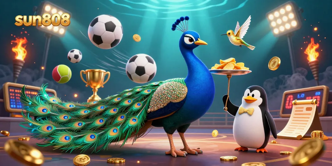 Experience the thrill of sun808 with a colorful 3D casino illustration depicting peacock and fun game elements.